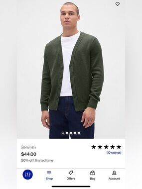 Gap Men’s XS 100% Cotton Classic Cardigan in Green